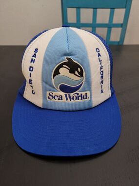 VTG Sea World San Diego Trucker Cap 1990 Mesh Snapback Hat - Orca Logo BLUE